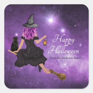 Flying Witch Happy Halloween Personalised  Square Sticker