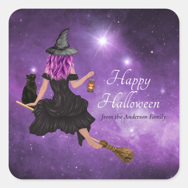 Flying Witch Happy Halloween Personalised  Square Sticker (Front)