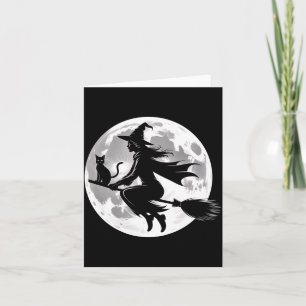 Flying Witch On Broomstick Halloween Full Moon Card