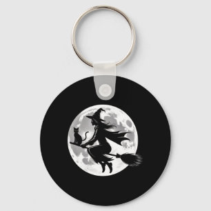 Flying Witch On Broomstick Halloween Full Moon Key Ring