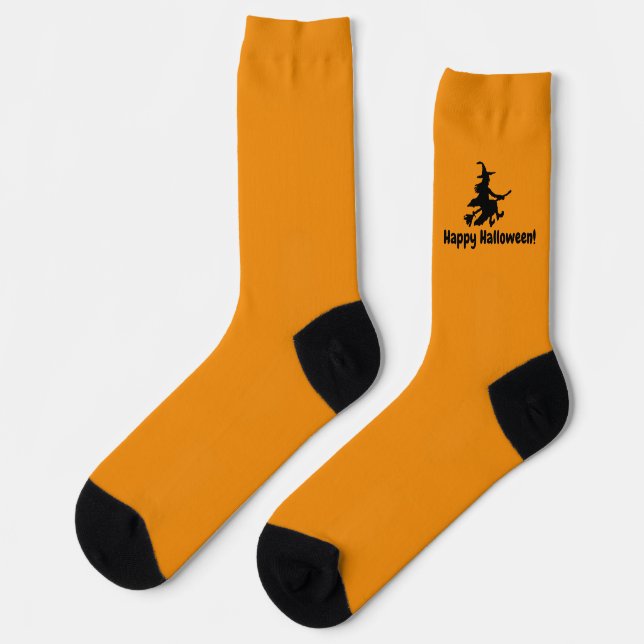 Flying Witch on Orange - Happy Halloween -  Socks (Left)