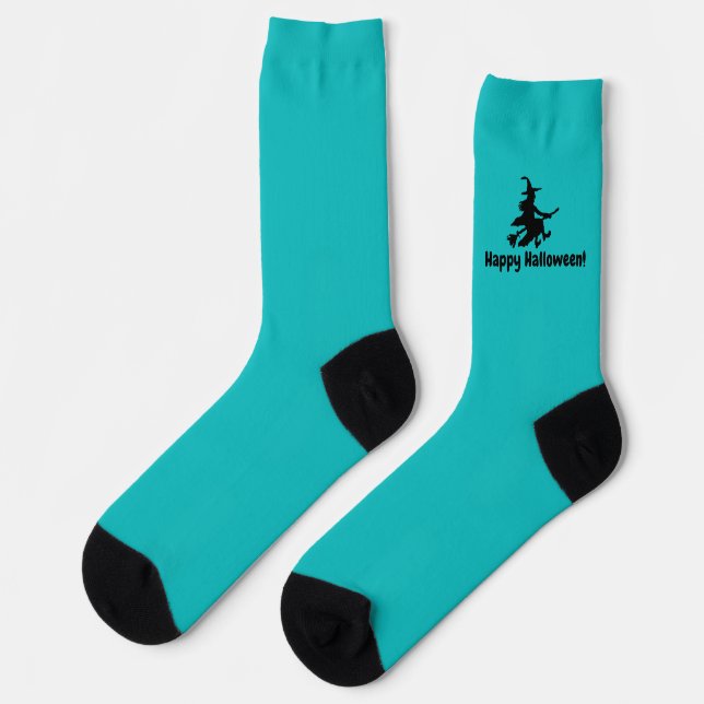 Flying Witch on Teal - Happy Halloween -  Socks (Left)