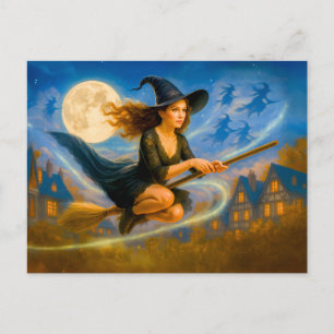 Flying witch over village rooftops by full moon holiday postcard