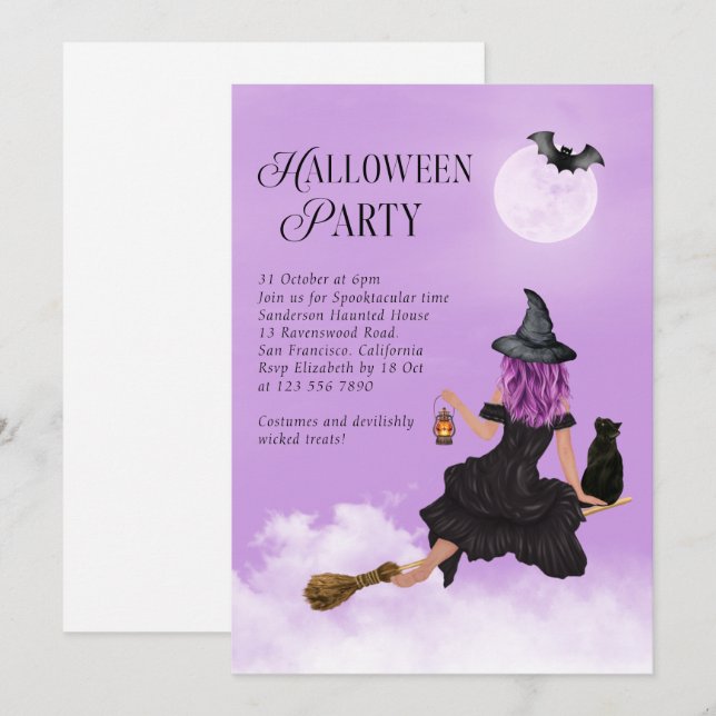  Flying Witch Purple Halloween Party Invitation (Front/Back)