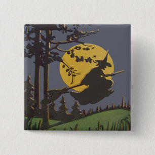 Flying Witch Silhouette Full Moon 15 Cm Square Badge