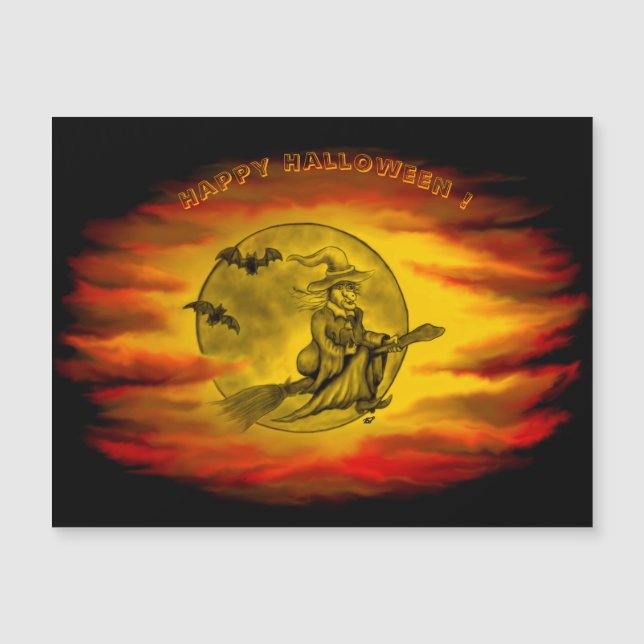 Flying witch with black cat , halloween night (Front)