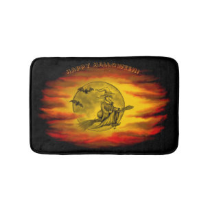 Flying witch with black cat , halloween night bath mat