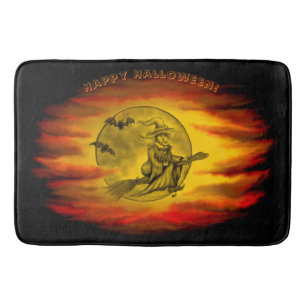 Flying witch with black cat , halloween night bath mat