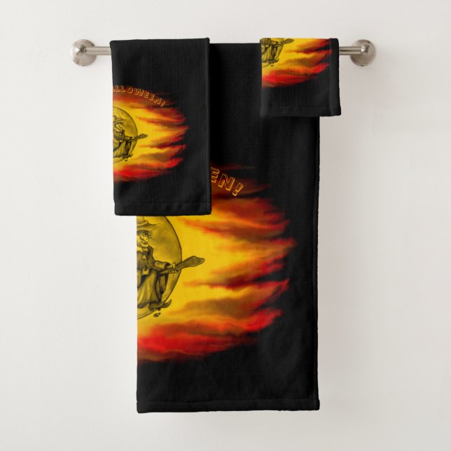 Flying witch with black cat , halloween night bath towel set (Insitu)