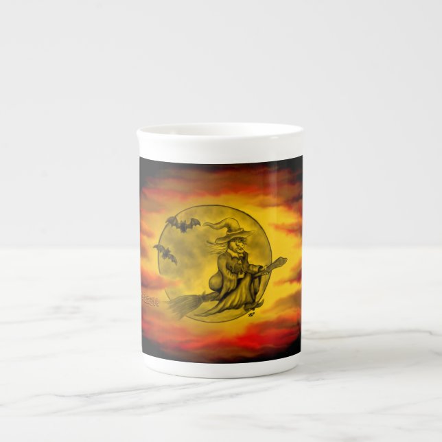 Flying witch with black cat , halloween night bone china mug (Front)