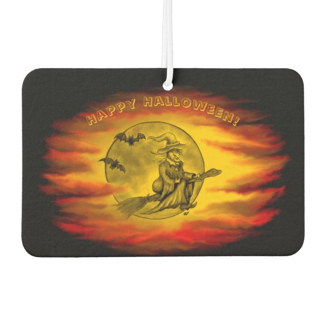 Flying witch with black cat , halloween night car air freshener (Front)