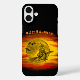 Flying witch with black cat , halloween night iPhone 16 plus case
