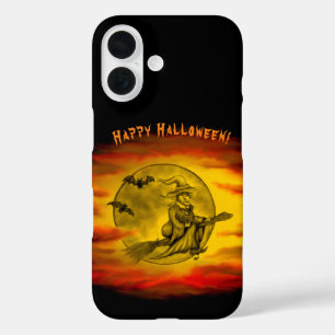 Flying witch with black cat , halloween night iPhone 16 case