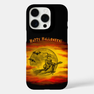 Flying witch with black cat , halloween night iPhone 16 pro case
