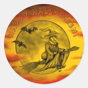 Flying witch with black cat , halloween night classic round sticker