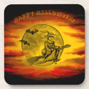 Flying witch with black cat , halloween night coaster