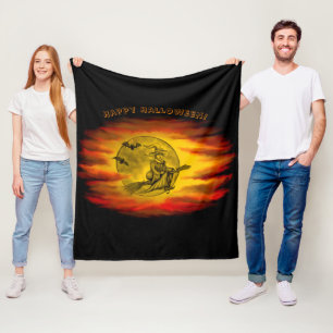 Flying witch with black cat , halloween night fleece blanket