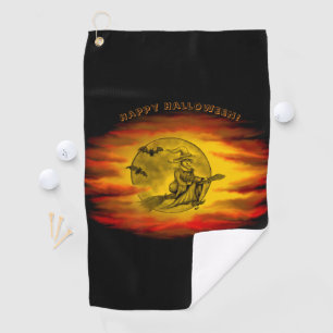 Flying witch with black cat , halloween night golf towel