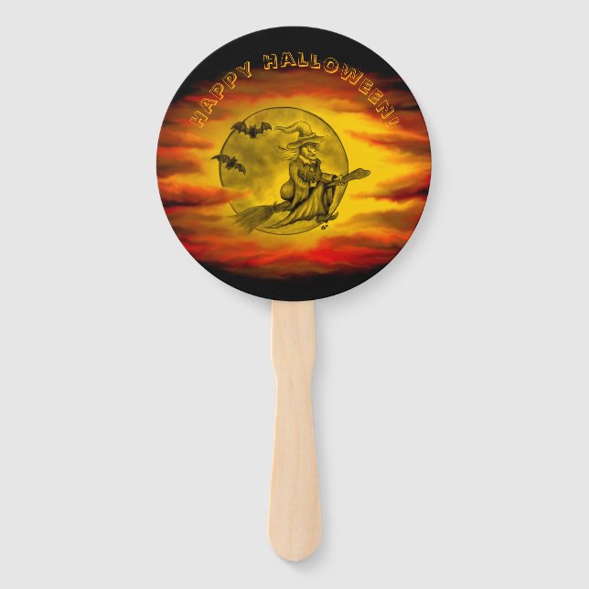 Flying witch with black cat , halloween night hand fan (Front)