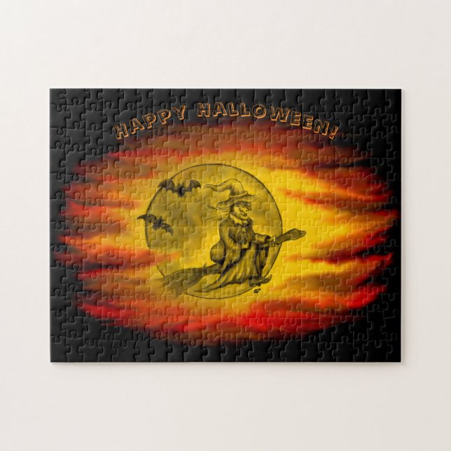 Flying witch with black cat , halloween night jigsaw puzzle (Horizontal)