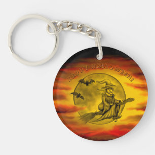Flying witch with black cat , halloween night key ring