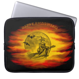 Flying witch with black cat , halloween night laptop sleeve