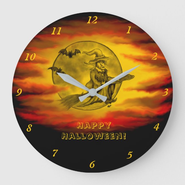 Flying witch with black cat , halloween night large clock (Front)