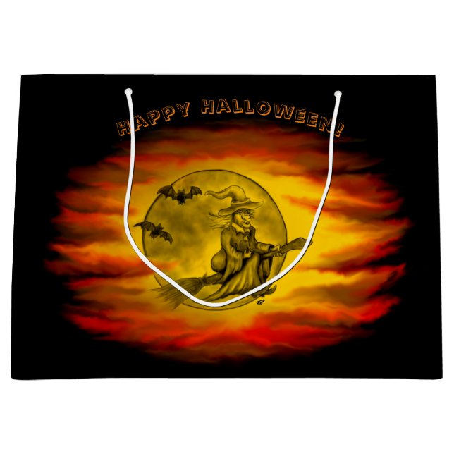Flying witch with black cat , halloween night large gift bag (Front)