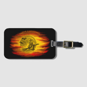 Flying witch with black cat , halloween night luggage tag