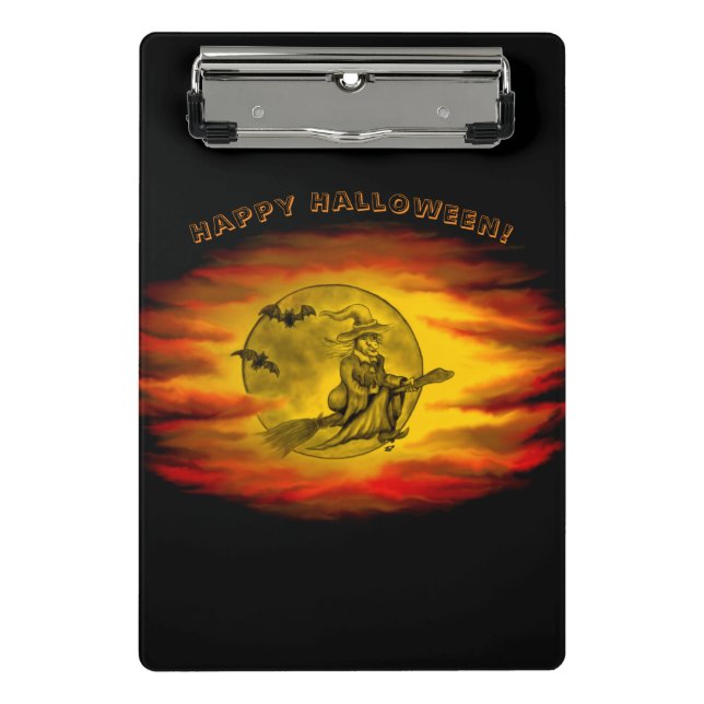 Flying witch with black cat , halloween night mini clipboard (Front)