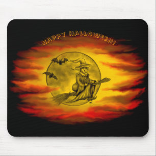 Flying witch with black cat , halloween night mouse mat