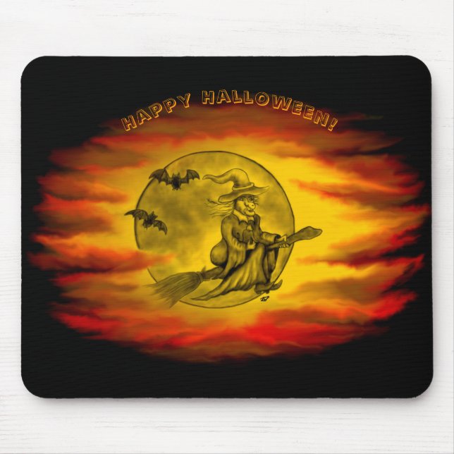Flying witch with black cat , halloween night mouse mat (Front)