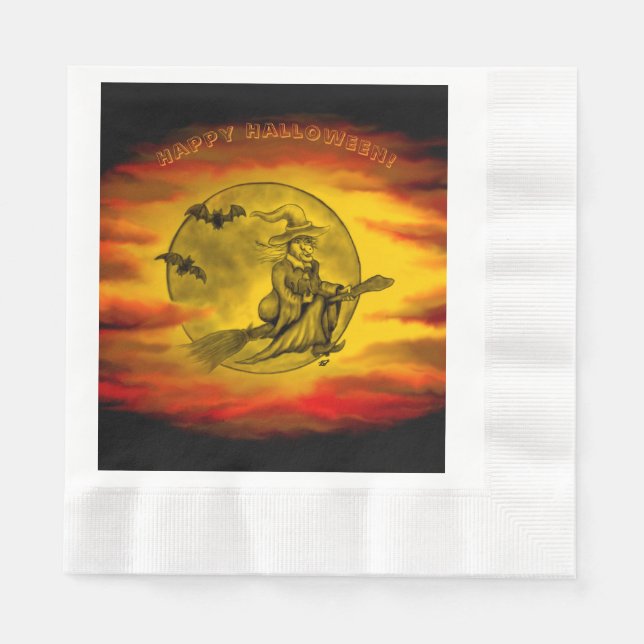Flying witch with black cat , halloween night napkin (Front)