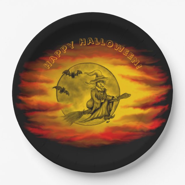 Flying witch with black cat , halloween night paper plate (Front)