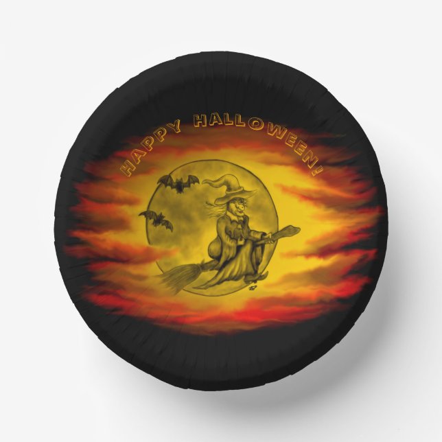 Flying witch with black cat , halloween night paper plate (Front)