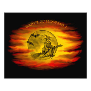 Flying witch with black cat , halloween night photo print