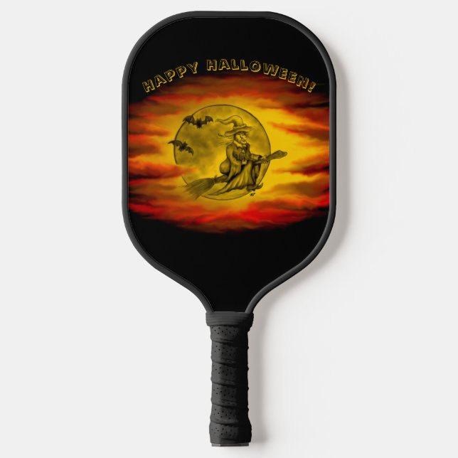 Flying witch with black cat , halloween night  pickleball paddle (Front)