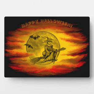 Flying witch with black cat , halloween night plaque