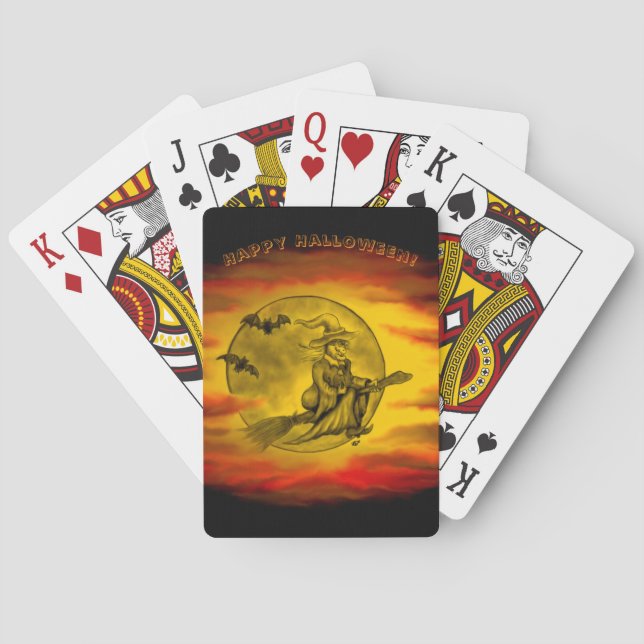 Flying witch with black cat , halloween night playing cards (Back)
