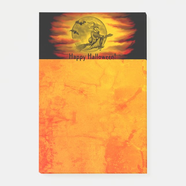 Flying witch with black cat , halloween night post-it notes (Front)
