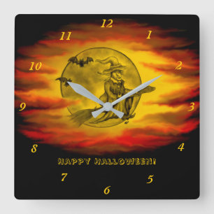 Flying witch with black cat , halloween night square wall clock
