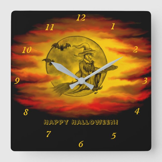 Flying witch with black cat , halloween night square wall clock (Front)