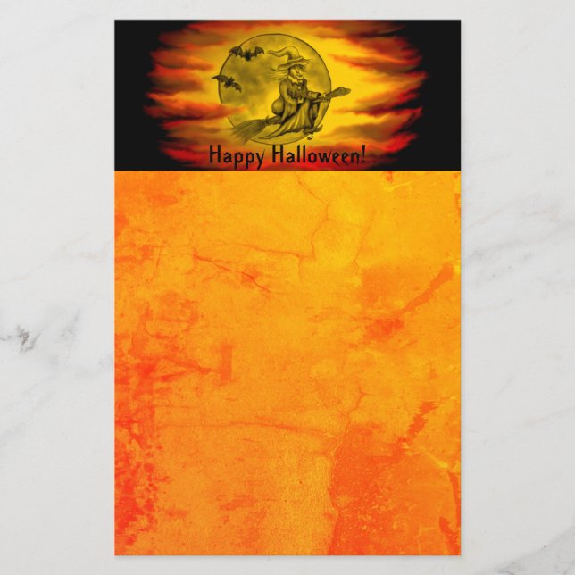 Flying witch with black cat , halloween night stationery (Front)