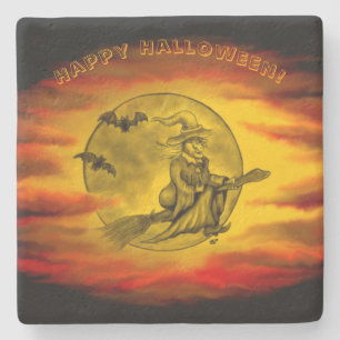 Flying witch with black cat , halloween night stone coaster