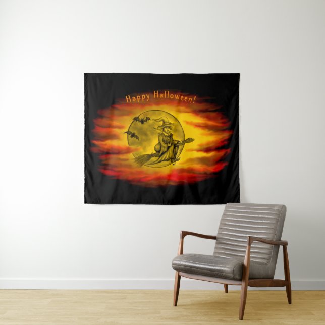 Flying witch with black cat , halloween night tapestry (In Situ (Horizontal))