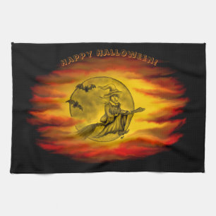 Flying witch with black cat , halloween night tea towel