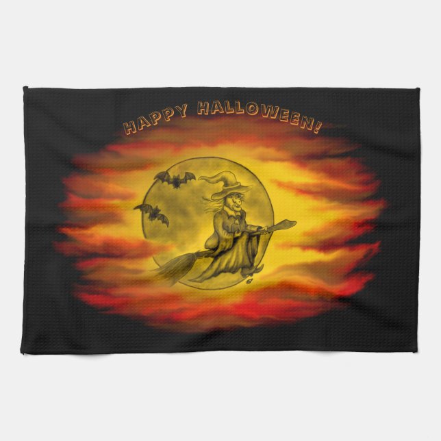 Flying witch with black cat , halloween night tea towel (Horizontal)