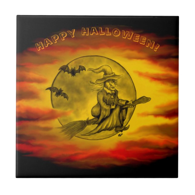 Flying witch with black cat , halloween night tile (Front)
