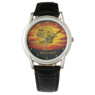 Flying witch with black cat , halloween night watch