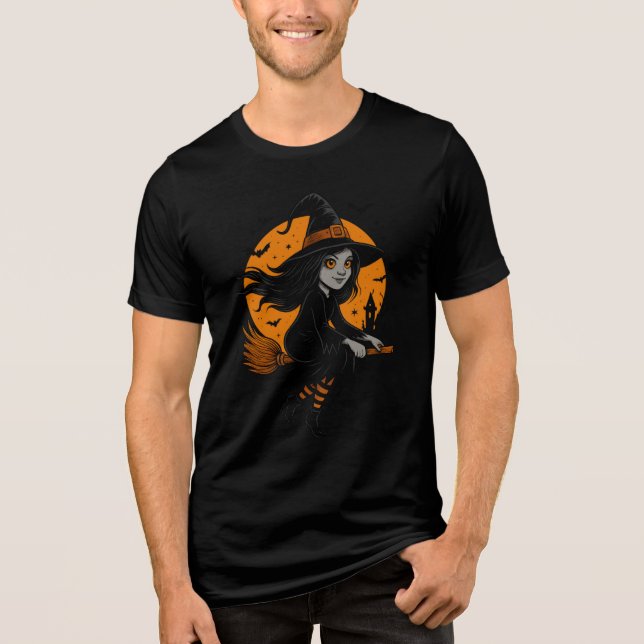 Flying Witch with Orange Moon Art Tri-Blend Shirt (Front)